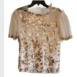 Marc New York Cream Gold Sequin Embellished Sheer Party Blouse